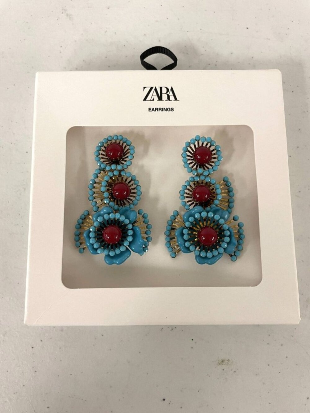 Zara Statement Earrings Blue Red Floral Drop Dangle Chandelier Gold Tone New